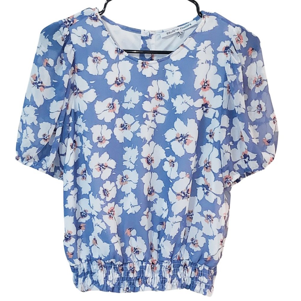 Women's Floral Tops | Blue Feminine Top | Short Puff Sleeves Top Size XS